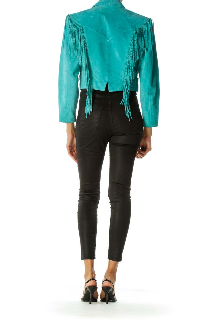 Teal Blue Padded Fringe Genuine Suede Jacket