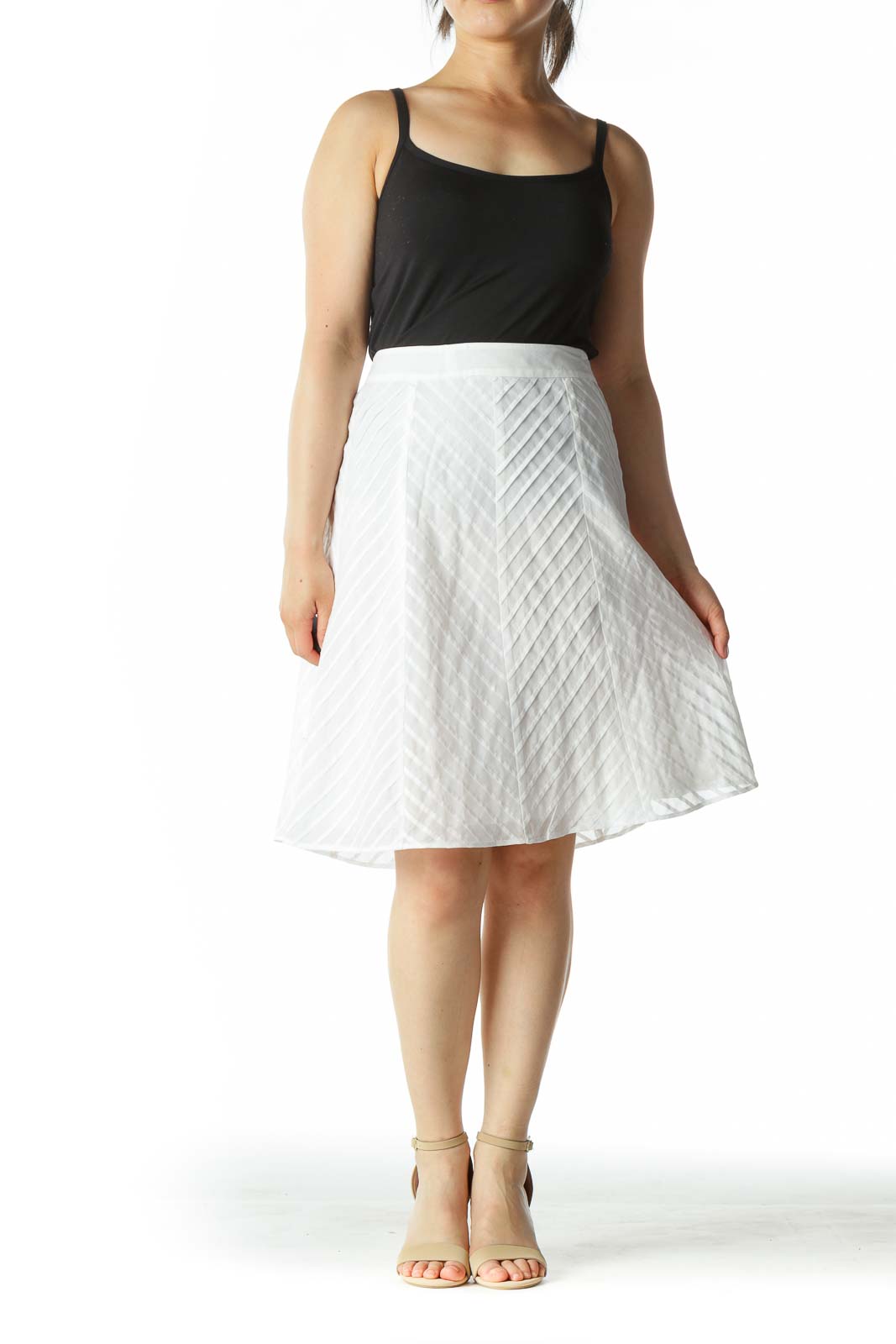 White Zippered Pleated Patterned A-Line Skirt