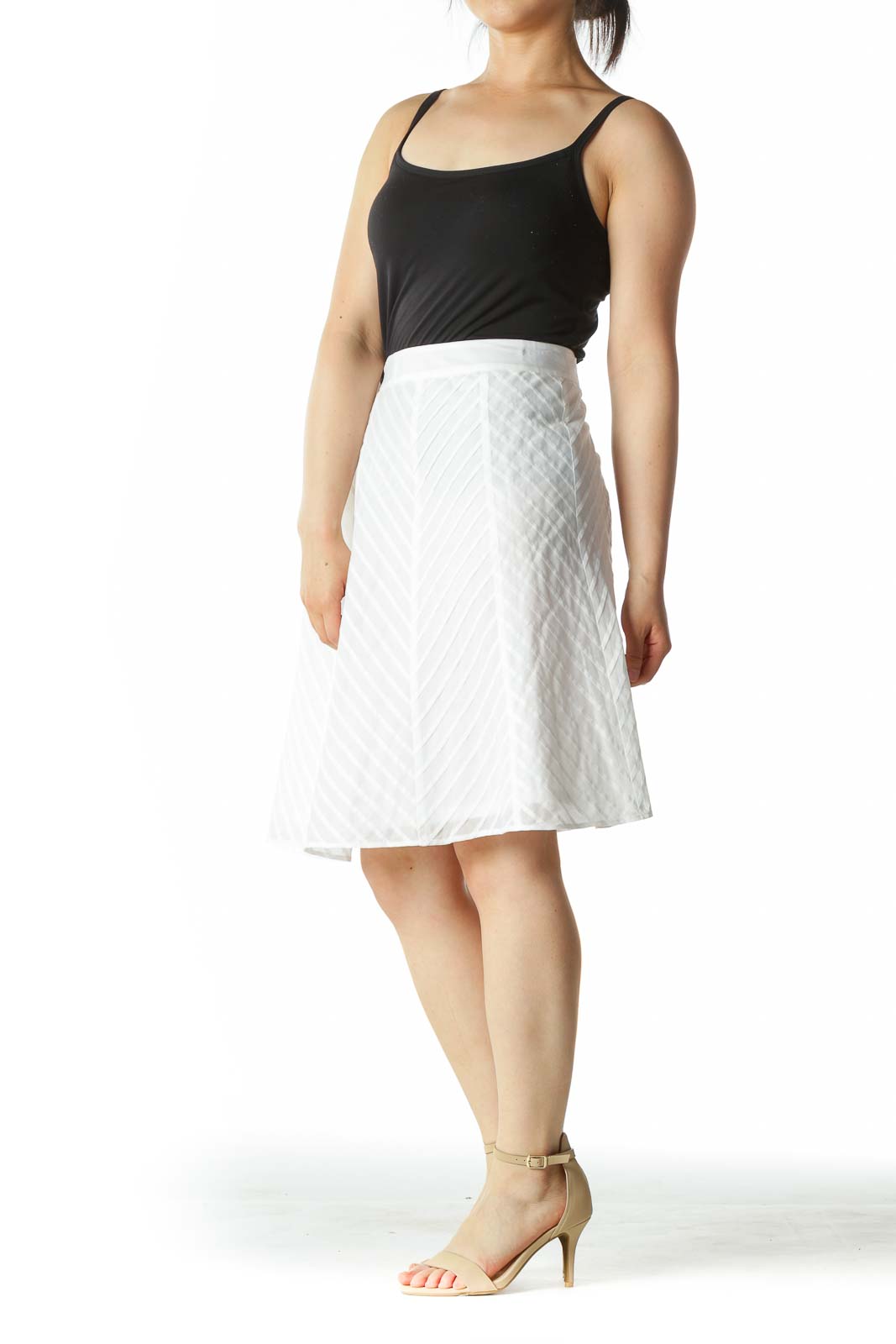 White Zippered Pleated Patterned A-Line Skirt