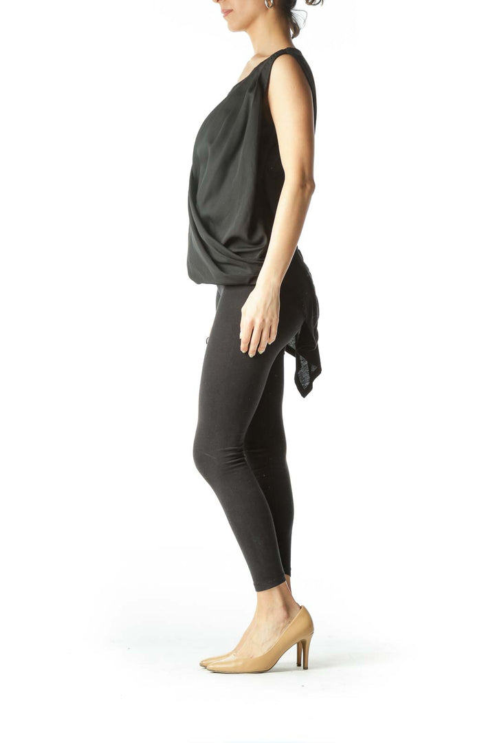 Black V-Neck Draped Sleeveless Blouse