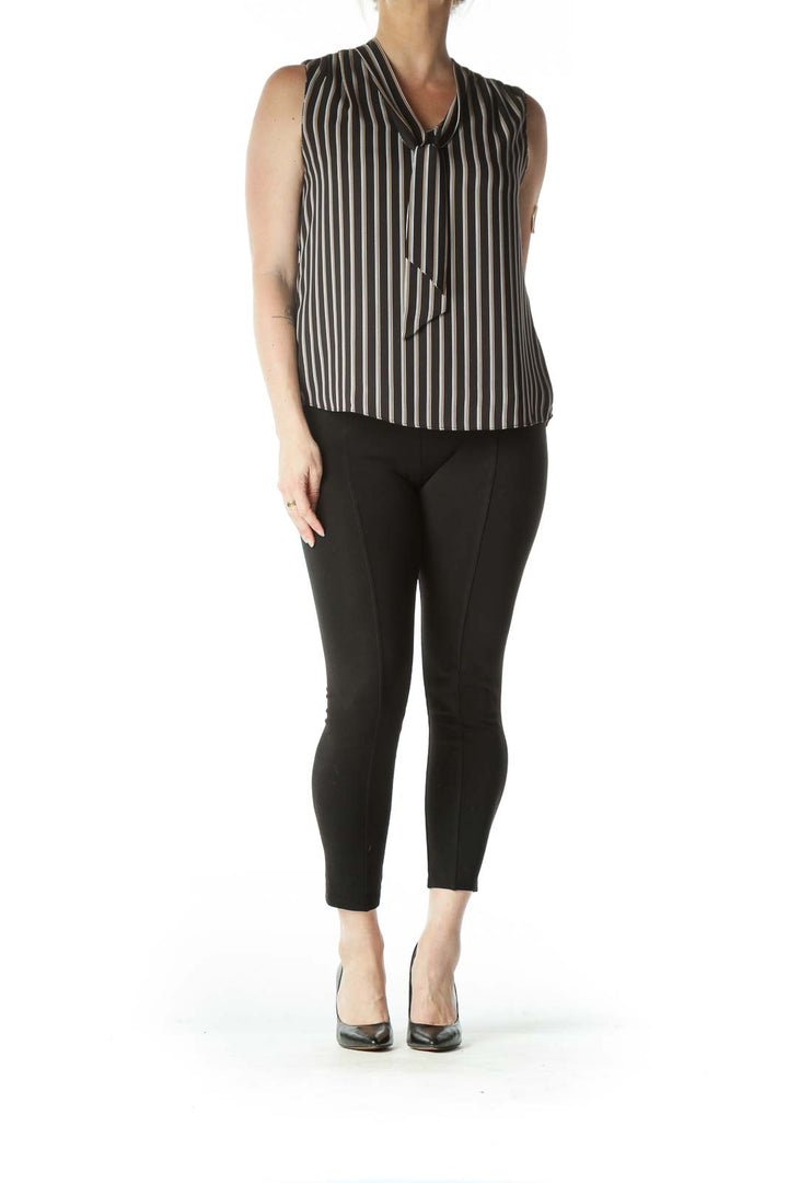 Black and White Striped Neck-Tie Sleeveless Blouse