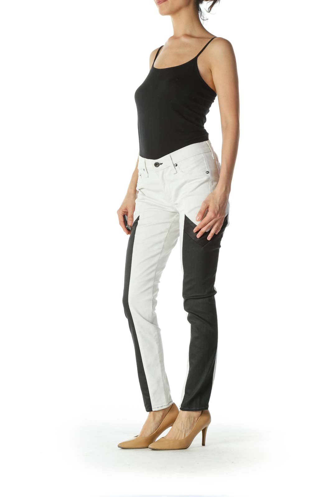 White 2-Tone Black Leather Skinny Jeans