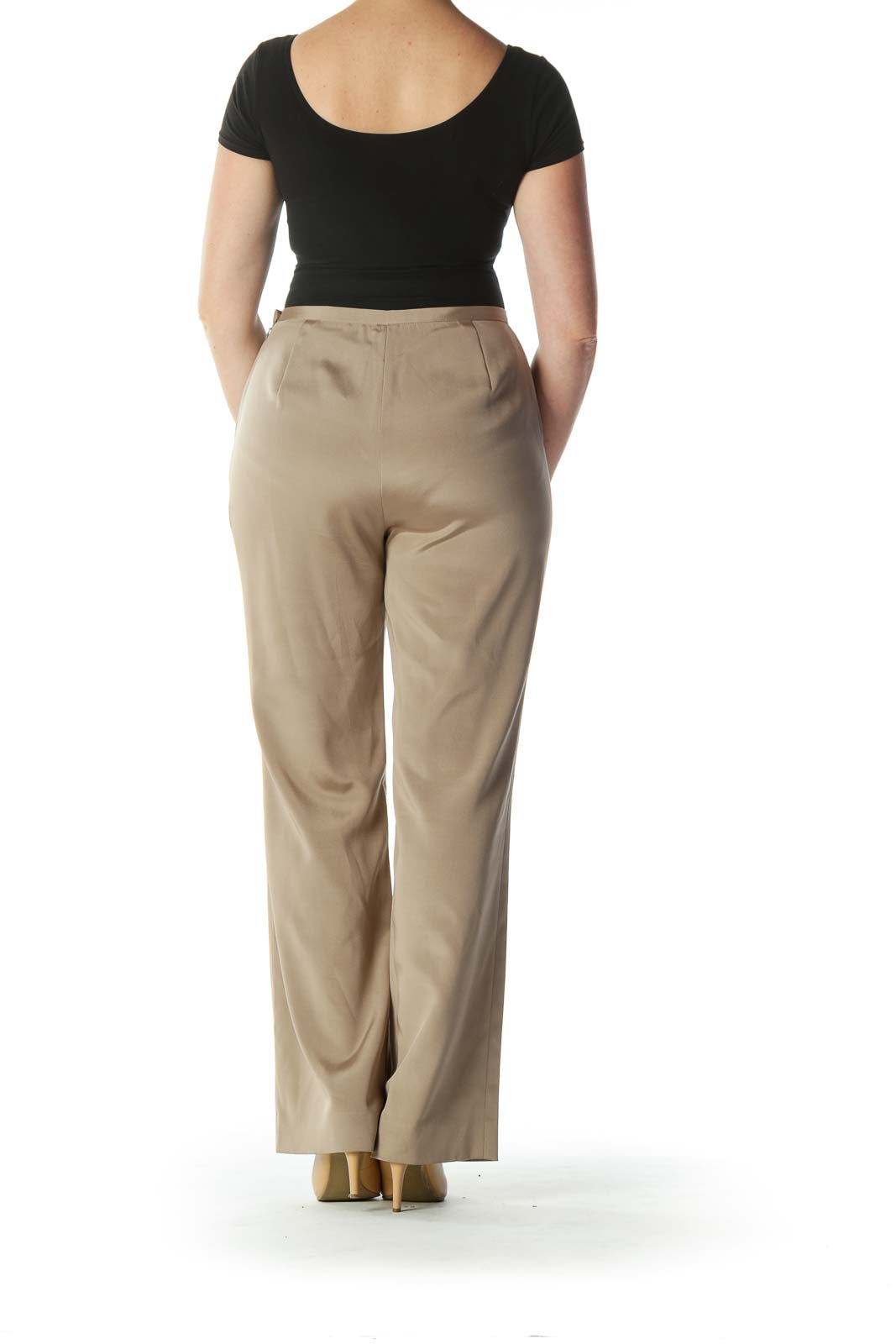 Beige High-Waisted Silk Designer Slacks