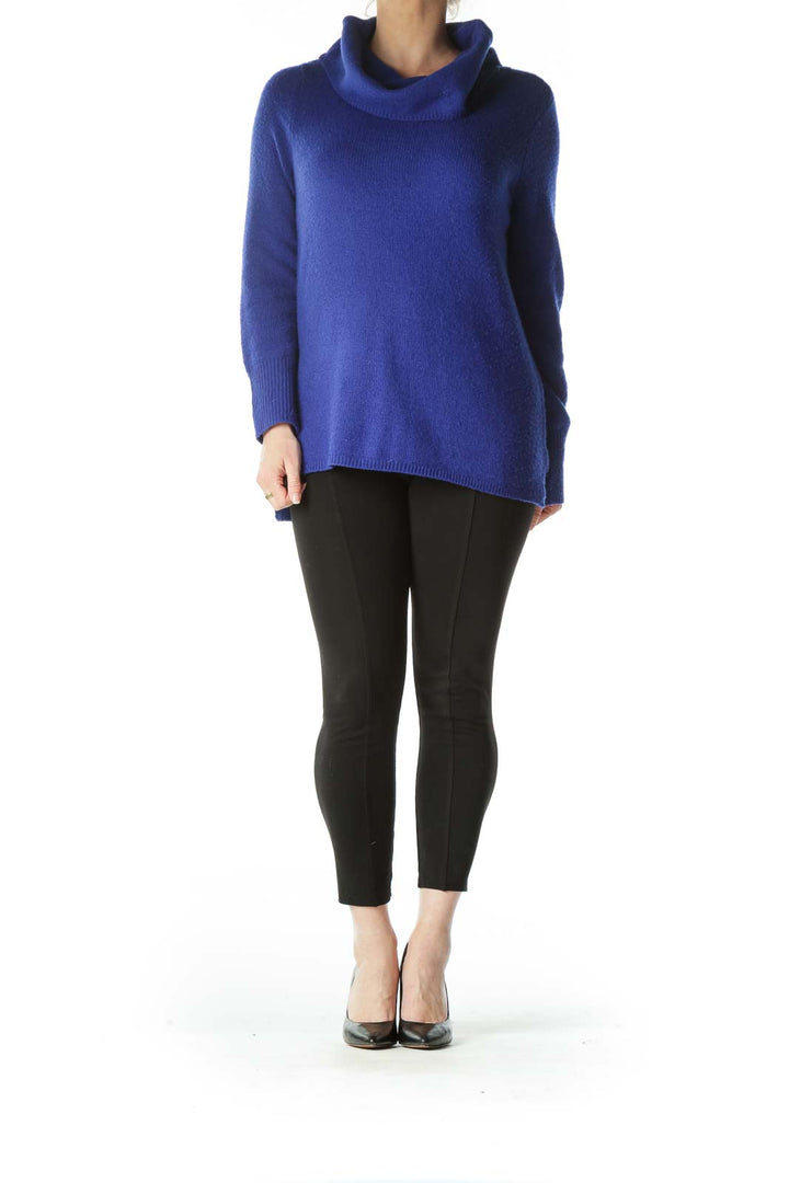 Blue Knit Turtle Neck Long Sweater