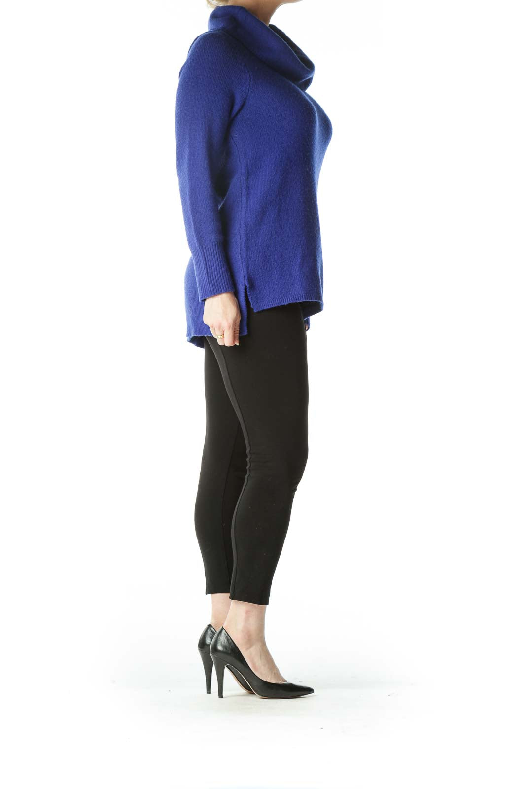 Blue Knit Turtle Neck Long Sweater