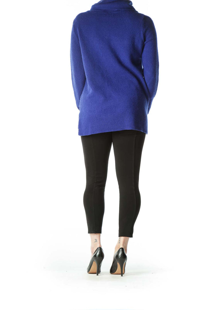 Blue Knit Turtle Neck Long Sweater