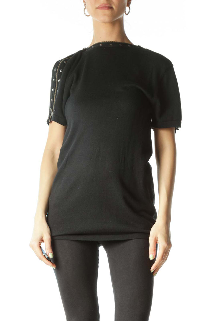 Black Shoulder Zippered Studded Tunic Top