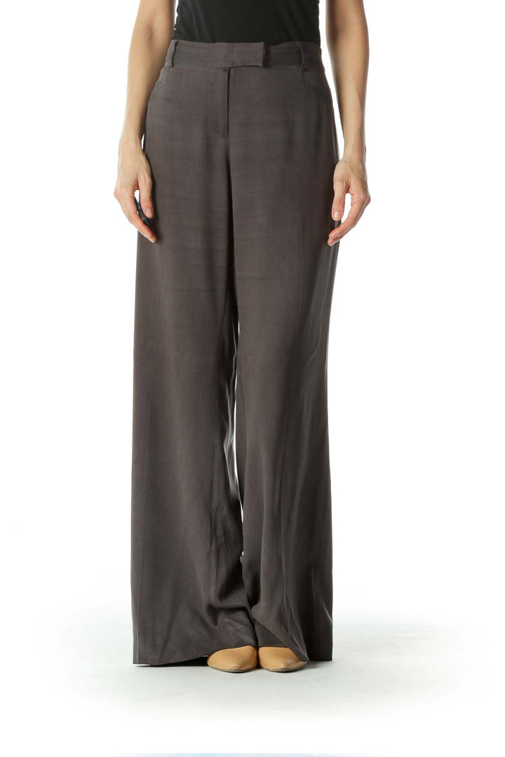 Gray 100% Silk Wide Leg Pants