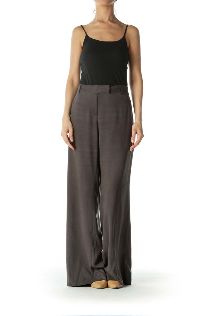 Gray 100% Silk Wide Leg Pants