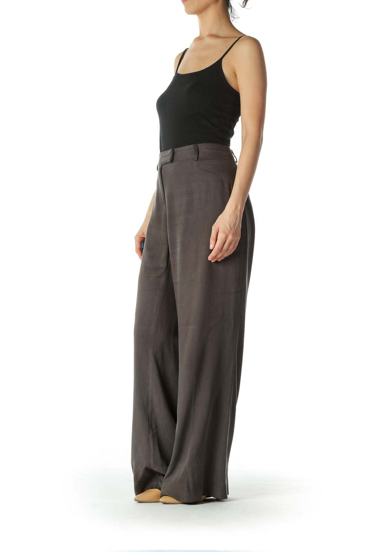 Gray 100% Silk Wide Leg Pants