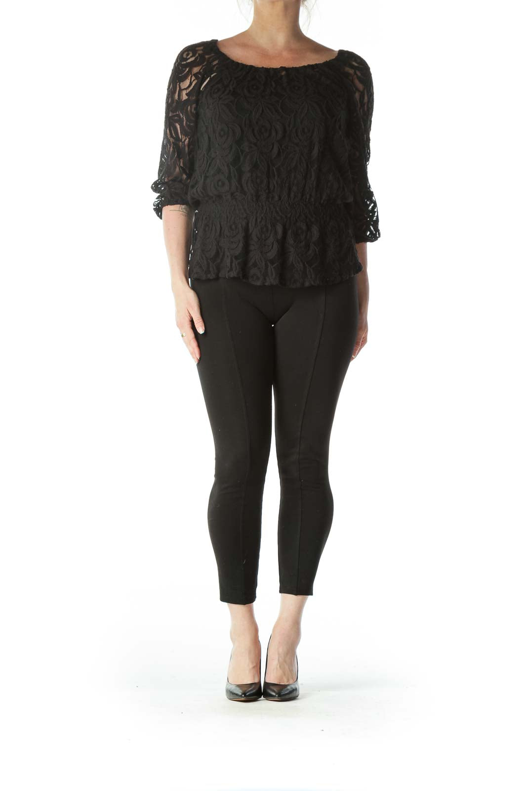 Black Sheer Lacey Round Neck Shirt