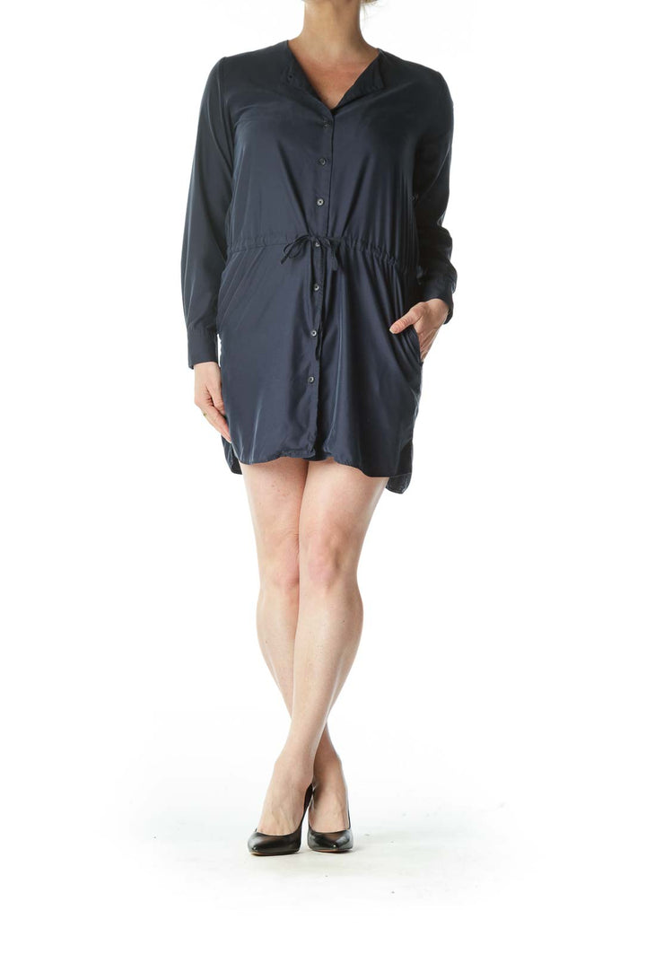 Navy Blue Long Sleeve Drawstring Shirt Dress