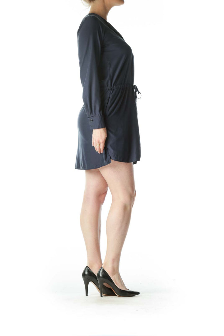 Navy Blue Long Sleeve Drawstring Shirt Dress