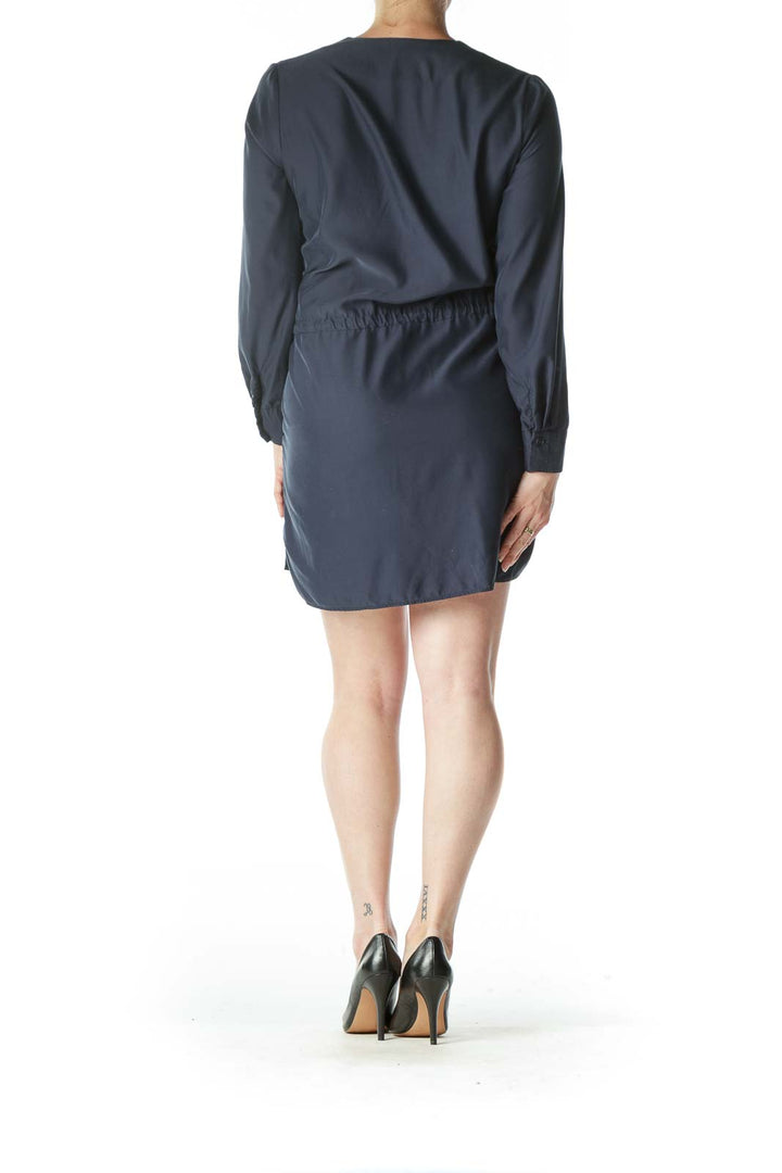 Navy Blue Long Sleeve Drawstring Shirt Dress