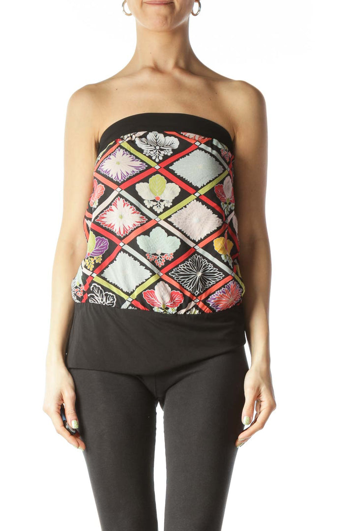 Black Floral Mock-Tile Tube Top