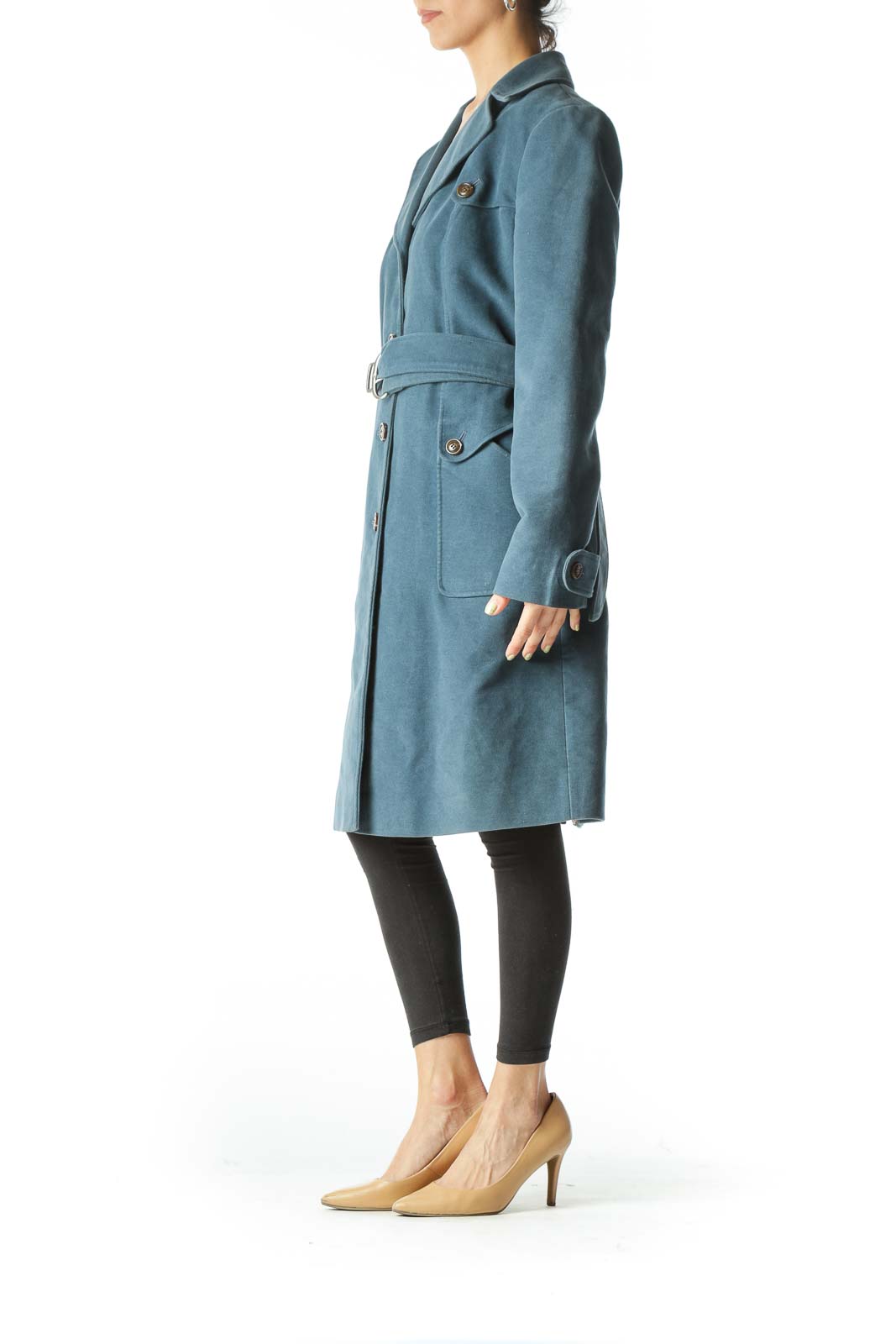 Blue Belted  Knee-Length Trench Coat