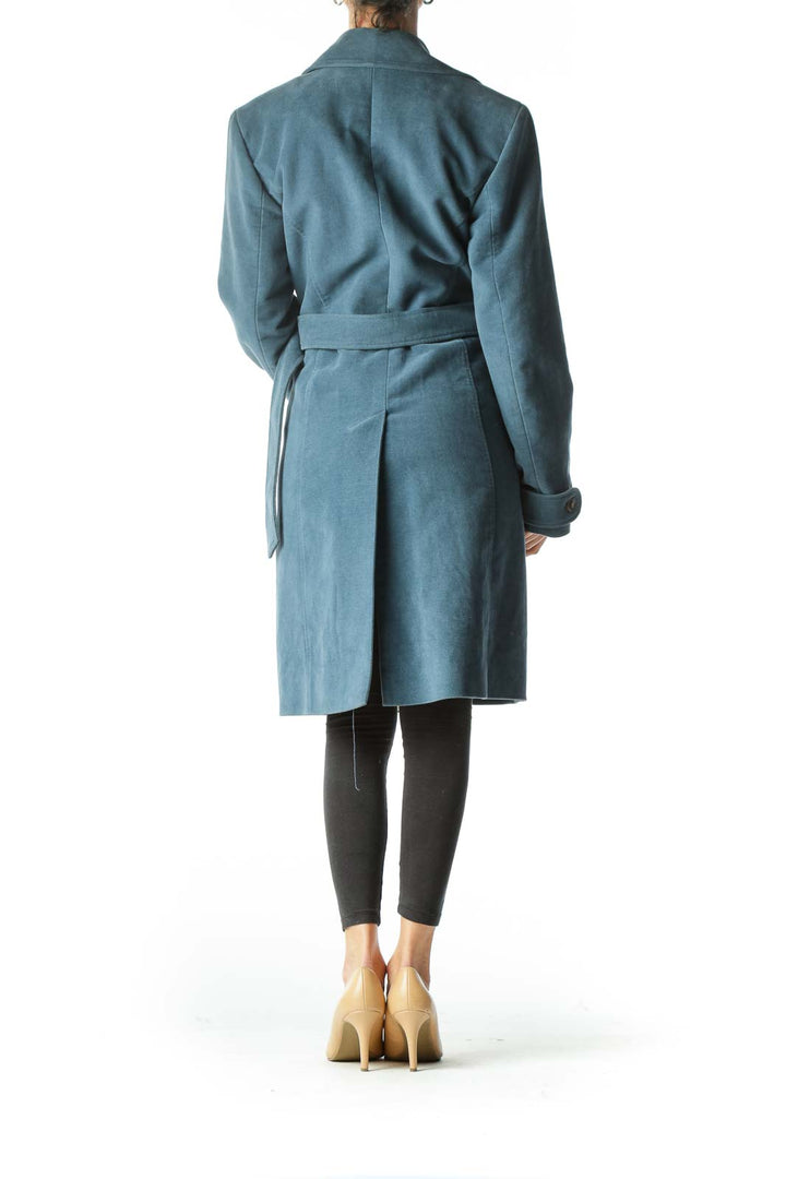 Blue Belted  Knee-Length Trench Coat