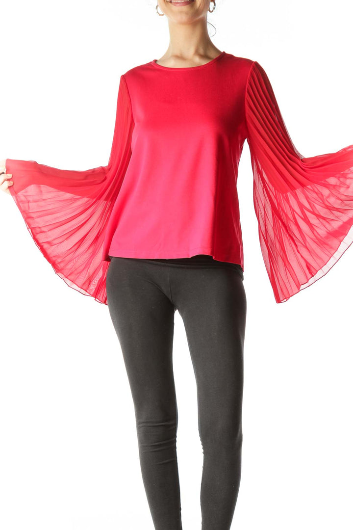 Red Pleated Bell-Sleeve Blouse