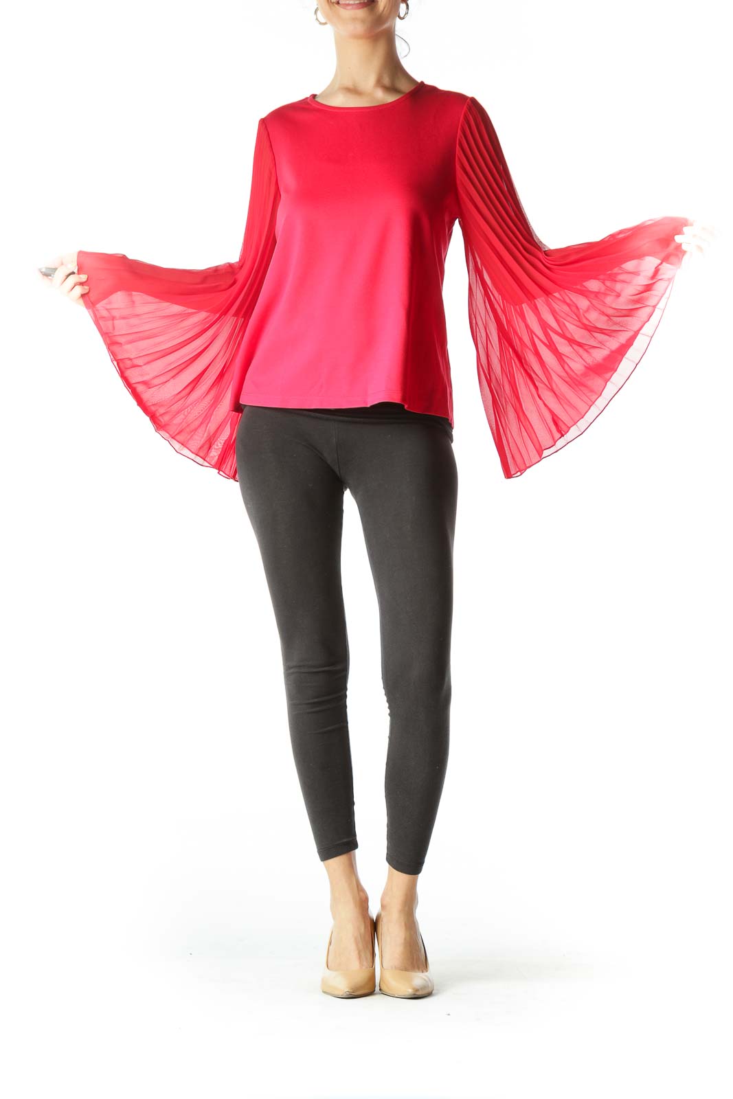 Red Pleated Bell-Sleeve Blouse