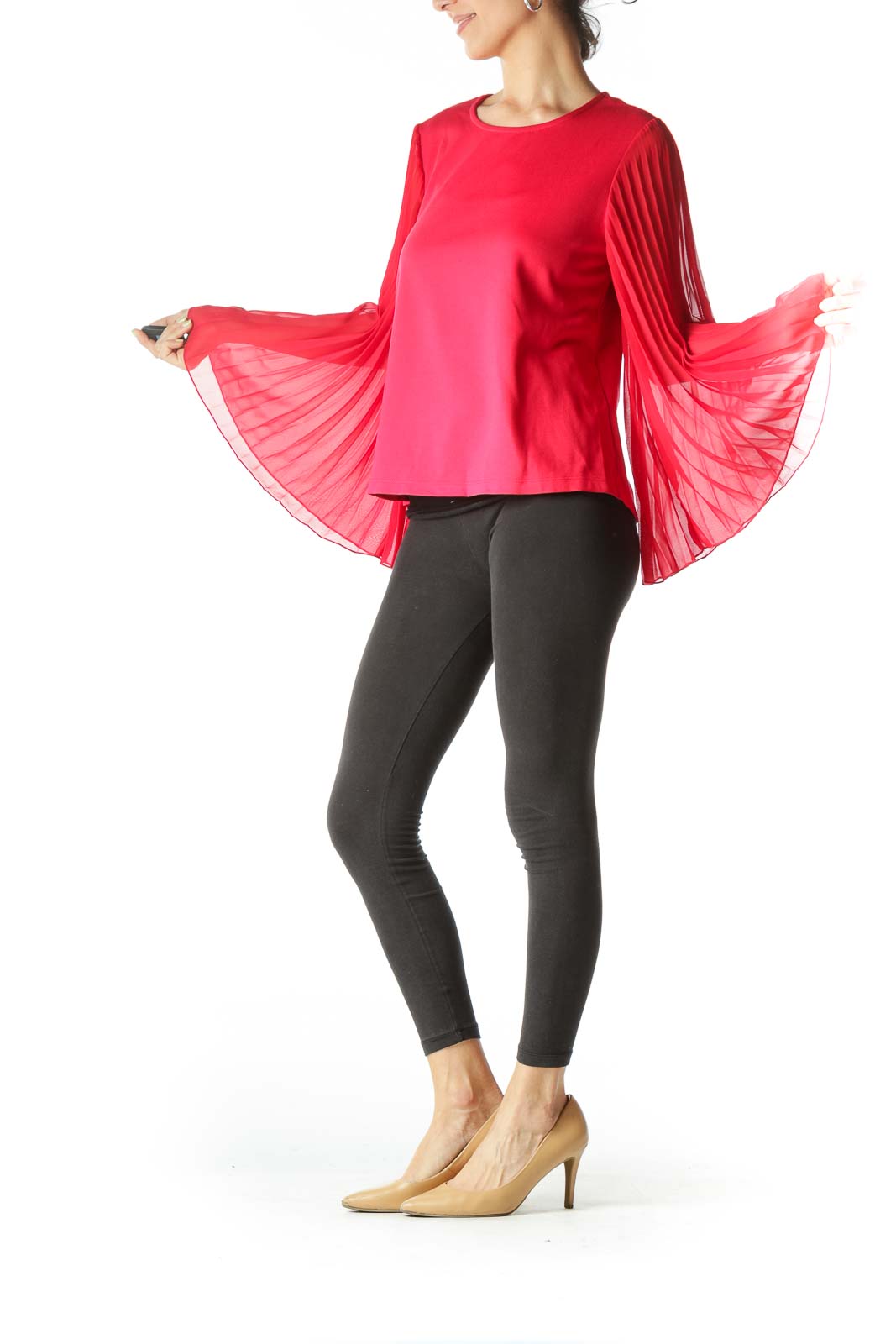 Red Pleated Bell-Sleeve Blouse