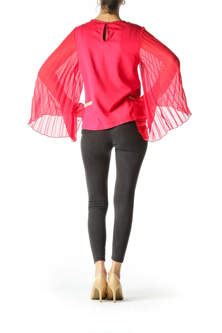 Red Pleated Bell-Sleeve Blouse