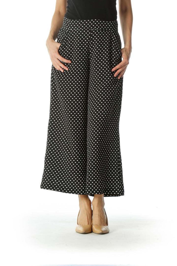 Black Polka-Dotted Wide-Leg Cropped Pant with Waist TIe