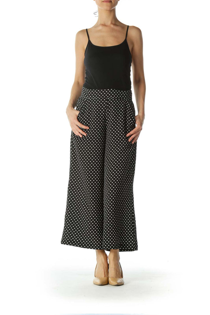 Black Polka-Dotted Wide-Leg Cropped Pant with Waist TIe