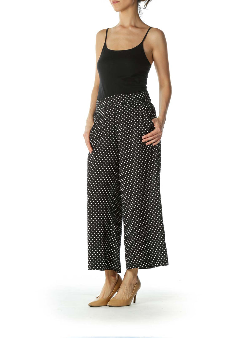 Black Polka-Dotted Wide-Leg Cropped Pant with Waist TIe