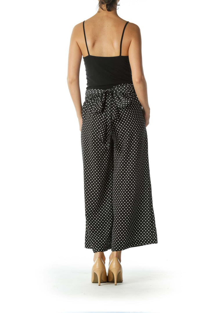 Black Polka-Dotted Wide-Leg Cropped Pant with Waist TIe