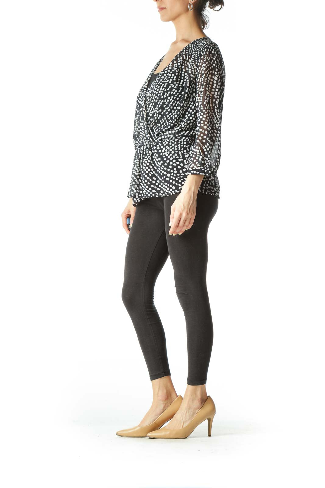 Black and White Polk- Dot Sheer V-Neck Blouse