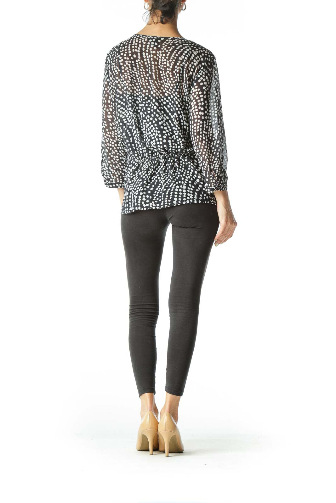 Black and White Polk- Dot Sheer V-Neck Blouse