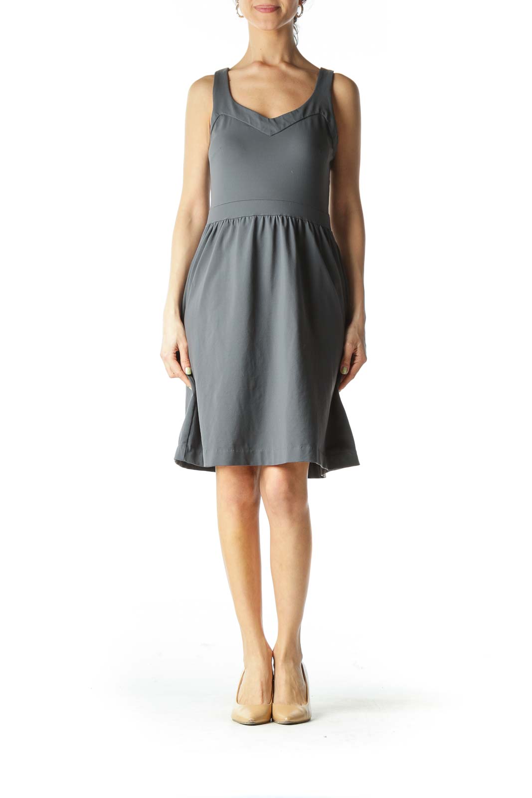 Gray Banded-Neckline Sheath-Waist Day Dress