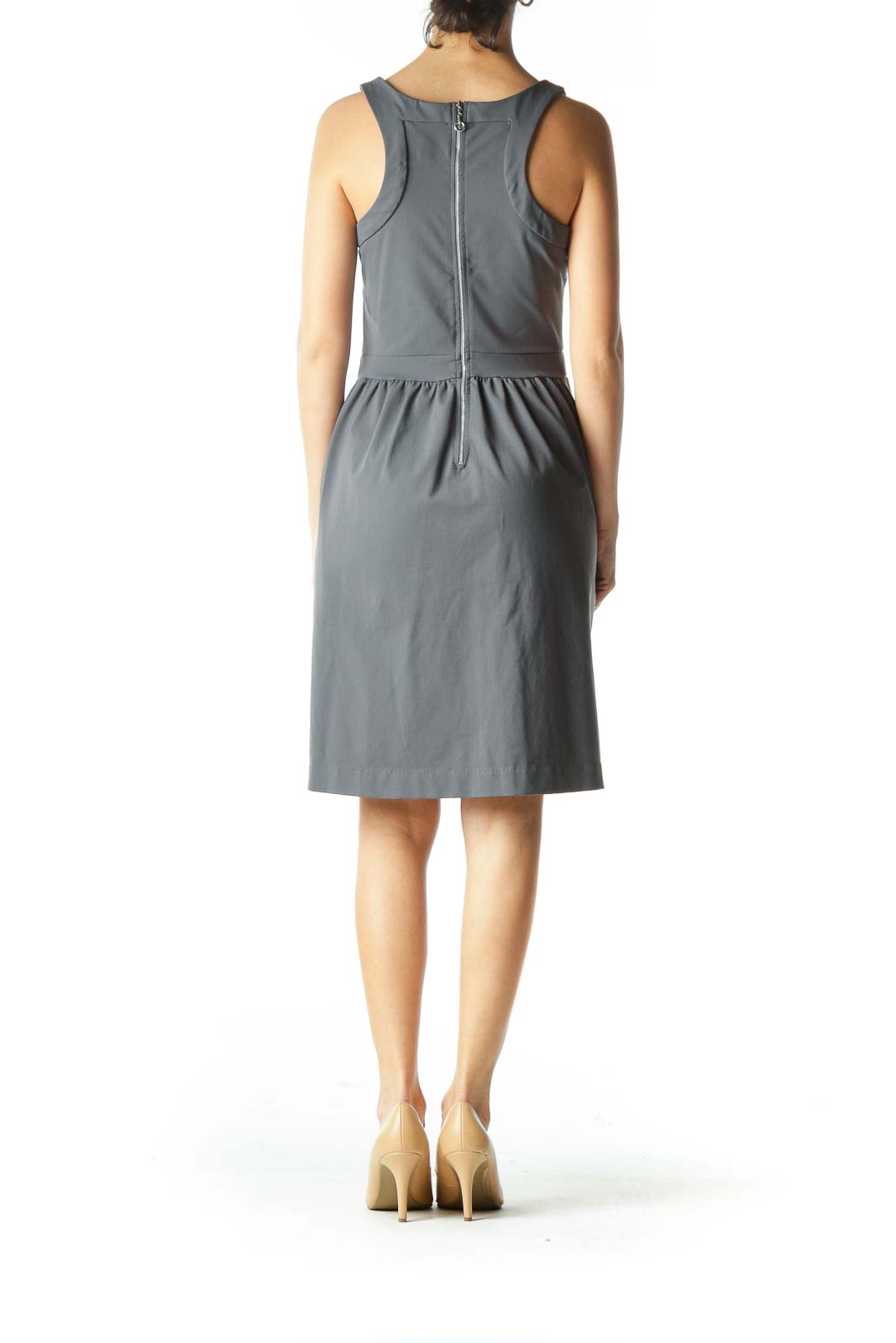 Gray Banded-Neckline Sheath-Waist Day Dress