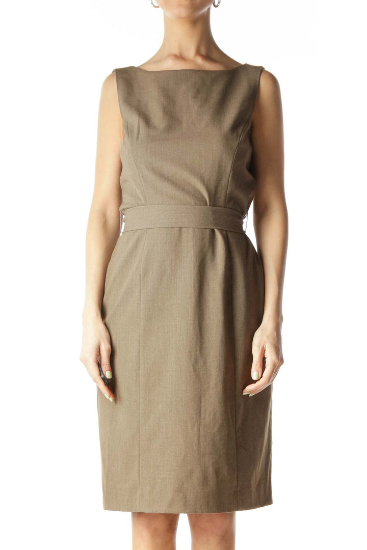 Brown Back-Tie Shift-Neck Structured Work Dress