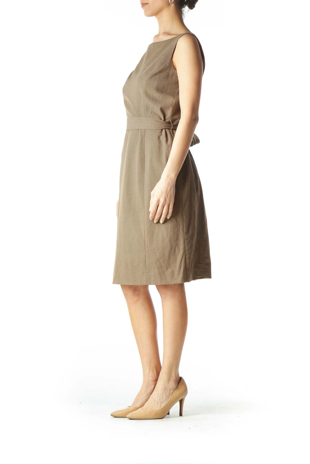 Brown Back-Tie Shift-Neck Structured Work Dress