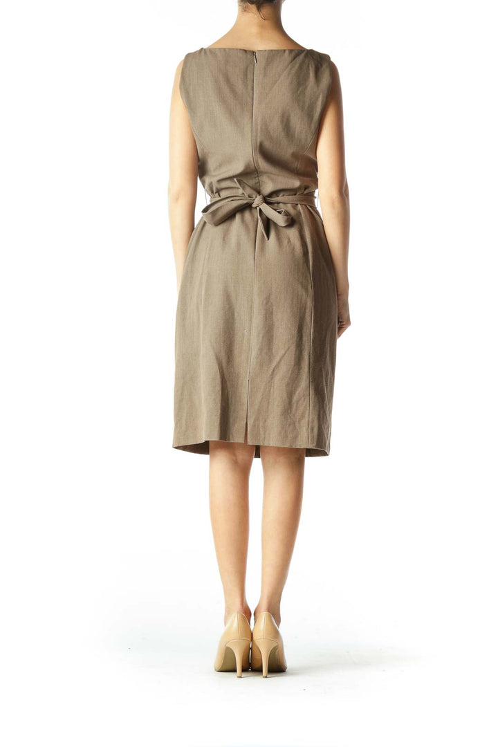 Brown Back-Tie Shift-Neck Structured Work Dress