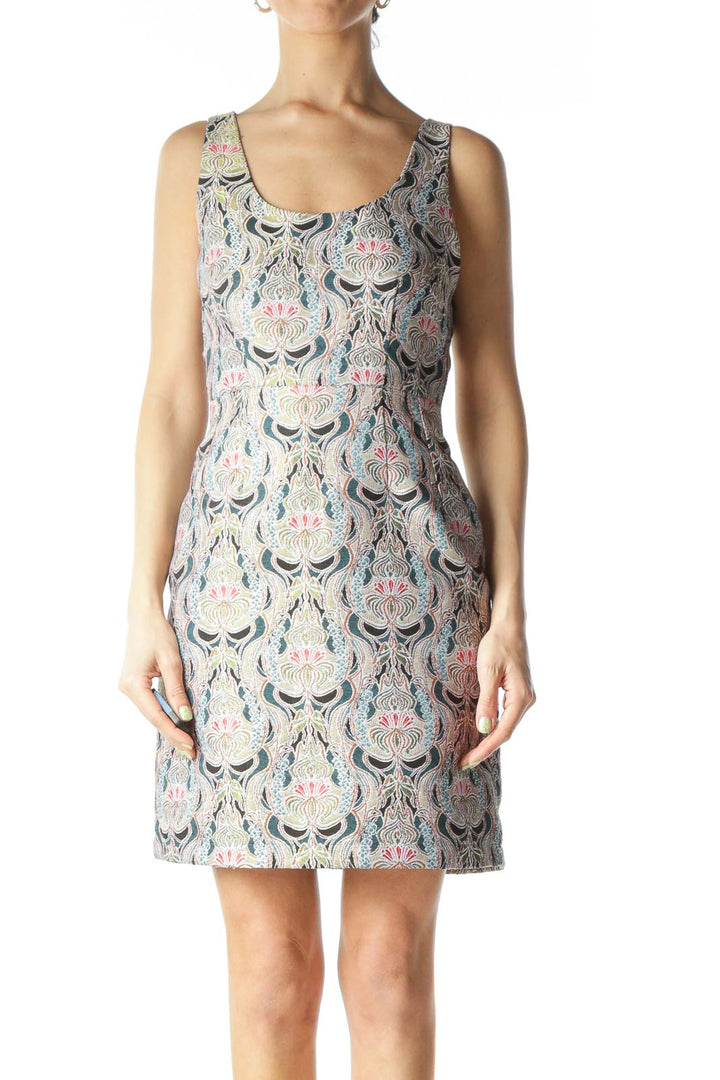 Multicolored Mock-Brocade Structured Mini Dress