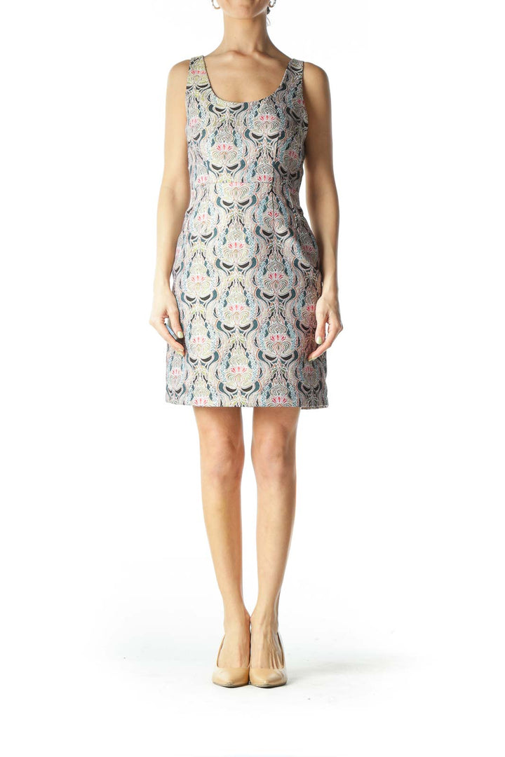 Multicolored Mock-Brocade Structured Mini Dress