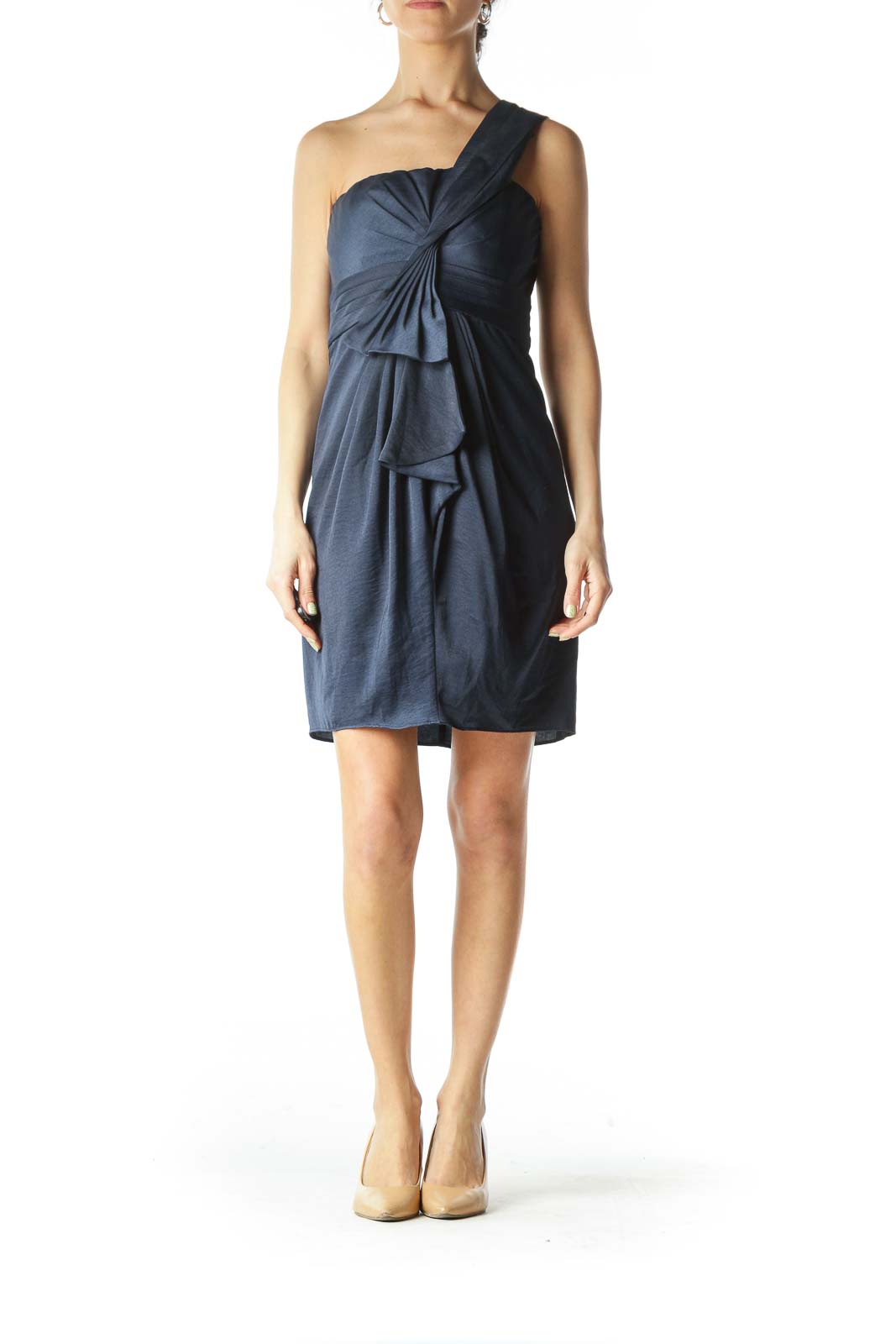 Navy Blue Shoulder-Strap Ruffle-Detail Cocktail Dress