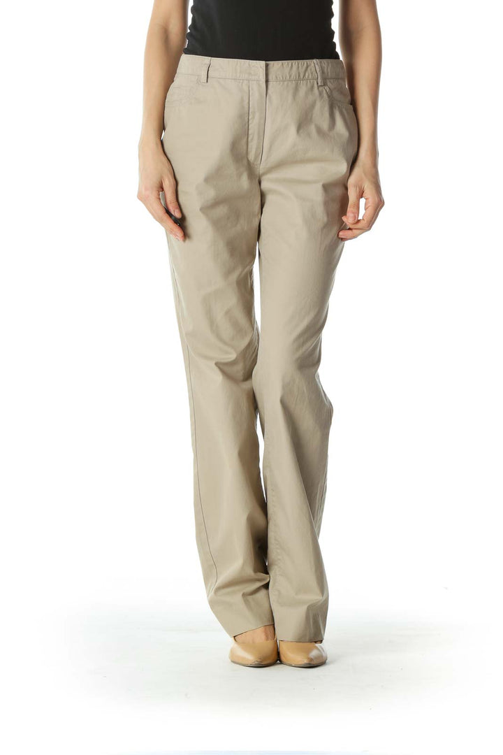 Beige Mid-Waist Designer Khaki Pant