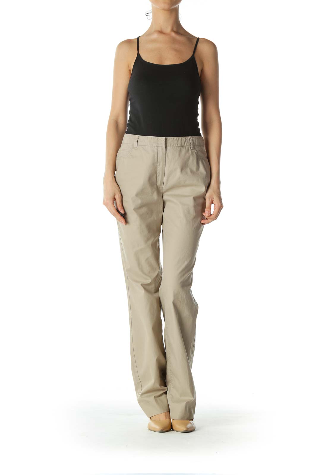 Beige Mid-Waist Designer Khaki Pant