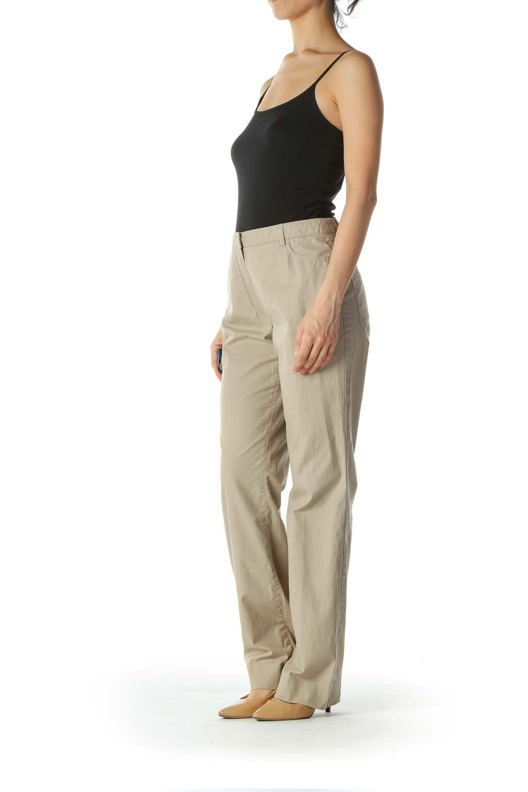 Beige Mid-Waist Designer Khaki Pant