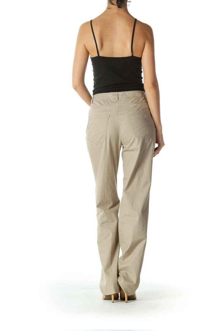 Beige Mid-Waist Designer Khaki Pant