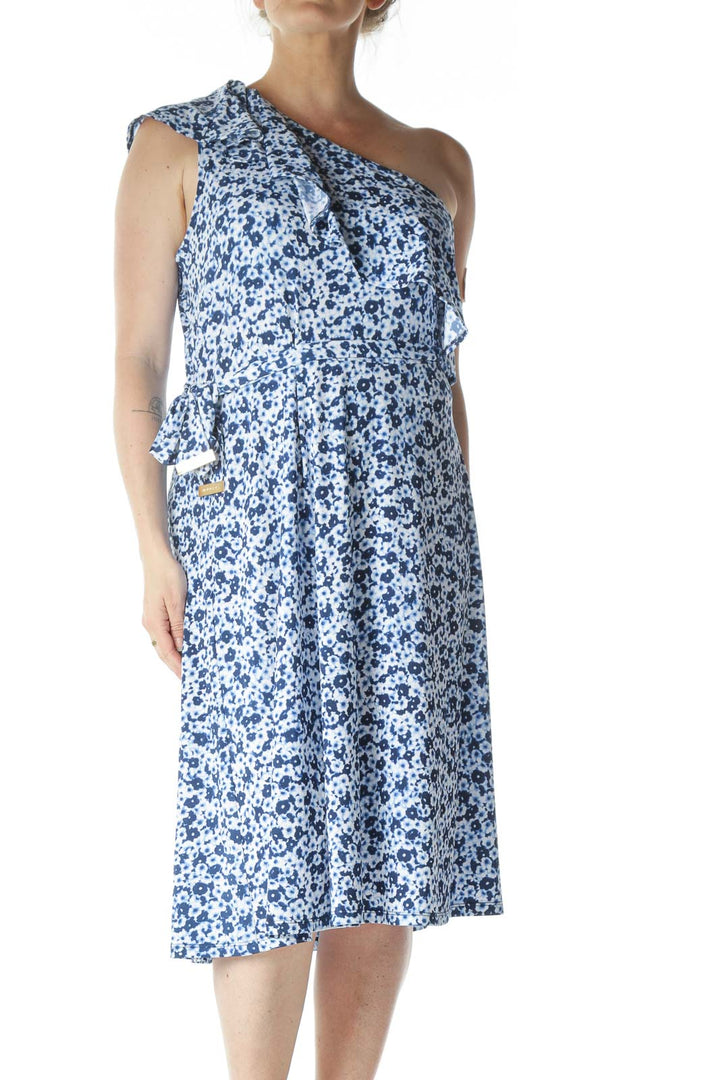 Blue Floral Print One Shoulder Dress