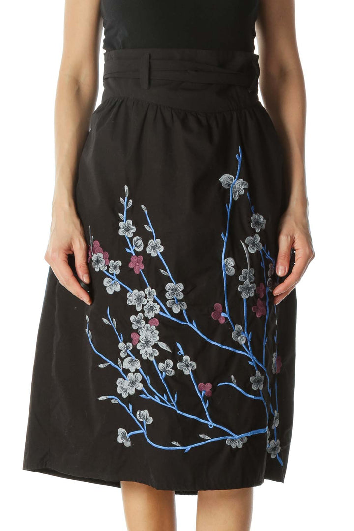 Black Floral-Embroidered Skirt