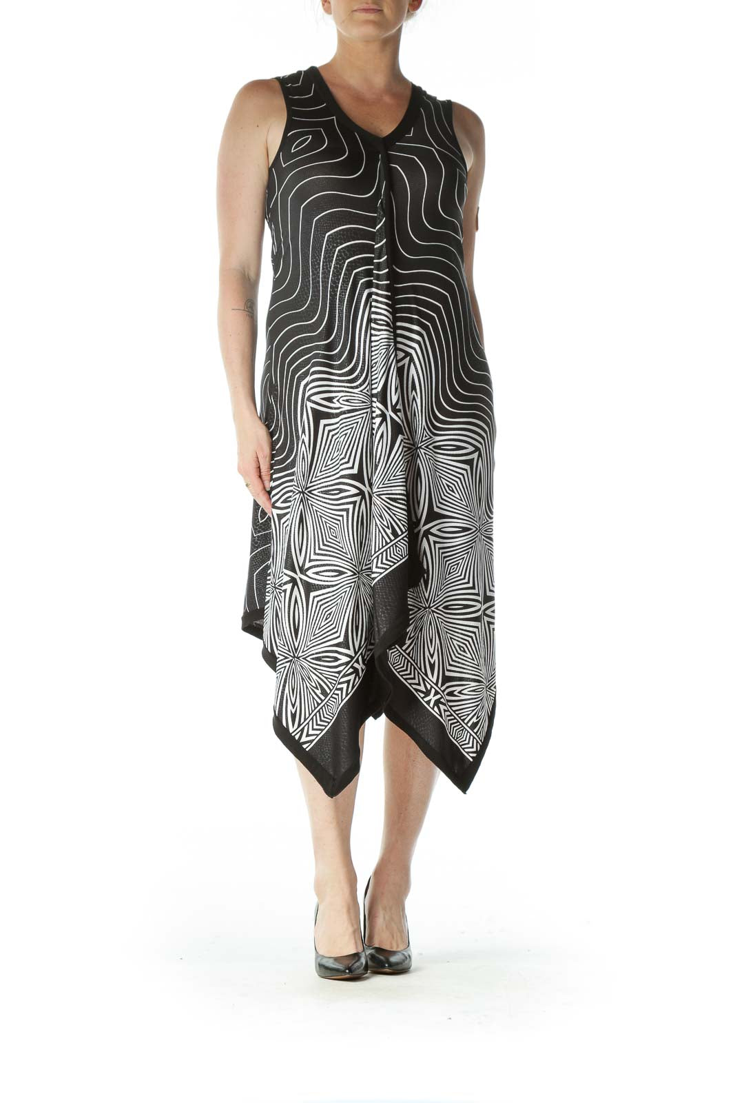 Black and White Abstract-Designed Uneven-Hem Tank Dress