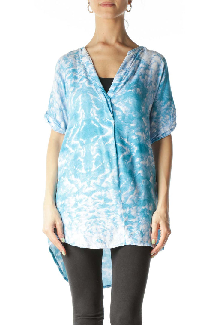 Blue and White Tie-Dye Patterned Asymmetrical-Fold Blouse