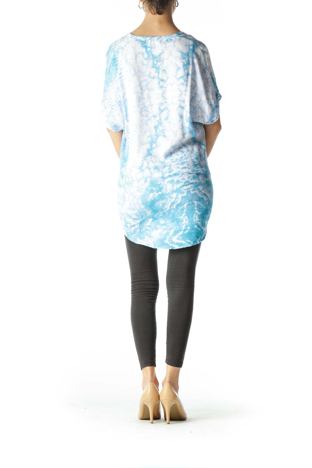 Blue and White Tie-Dye Patterned Asymmetrical-Fold Blouse