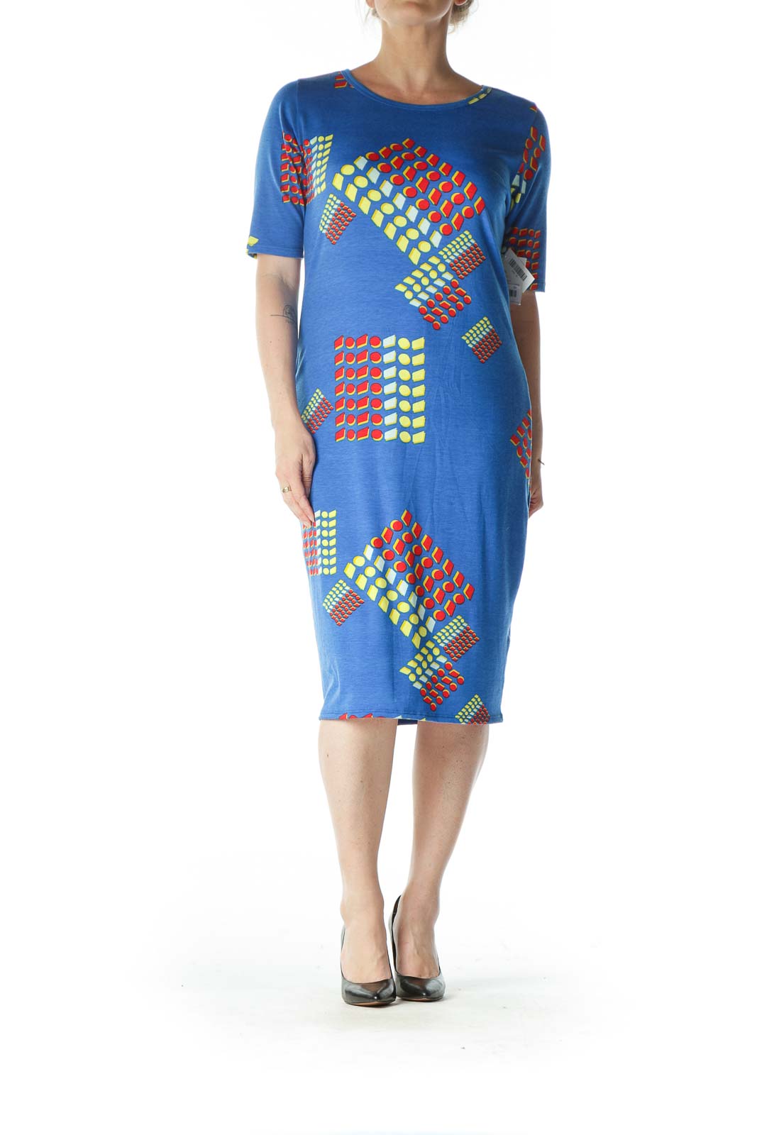 Blue and Yellow Patterned Midi T-Shirt Dress