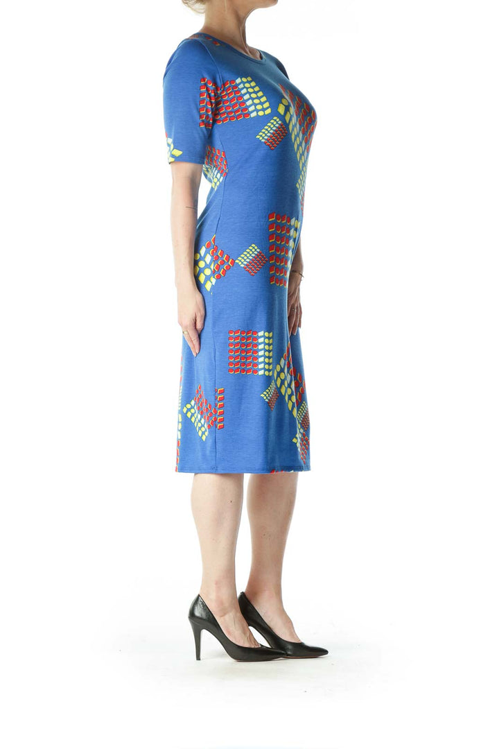 Blue and Yellow Patterned Midi T-Shirt Dress